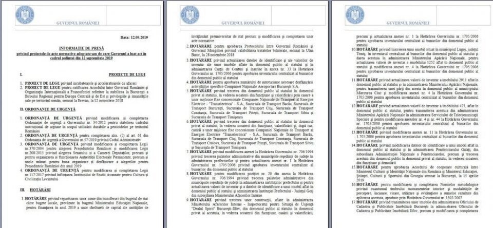 Hotararile adoptate in sedinta de Guvern din 12 septembrie 2019