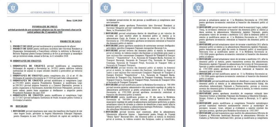 Hotărârile adoptate în ședința de Guvern din 12 septembrie 2019