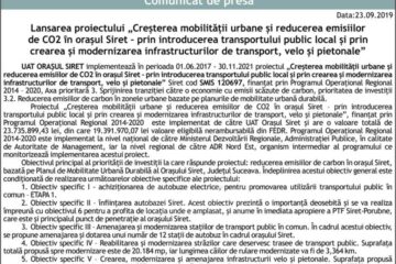 Lansarea proiectului „Creșterea mobilității urbane și reducerea emisiilor de CO2 în orașul Siret – prin introducerea transportului public local și prin crearea și modernizarea infrastructurilor de transport, velo și pietonale”