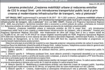 Lansarea proiectului „Creșterea mobilității urbane și reducerea emisiilor de CO2 în orașul Siret – prin introducerea transportului public local și prin crearea și modernizarea infrastructurilor de transport, velo și pietonale”