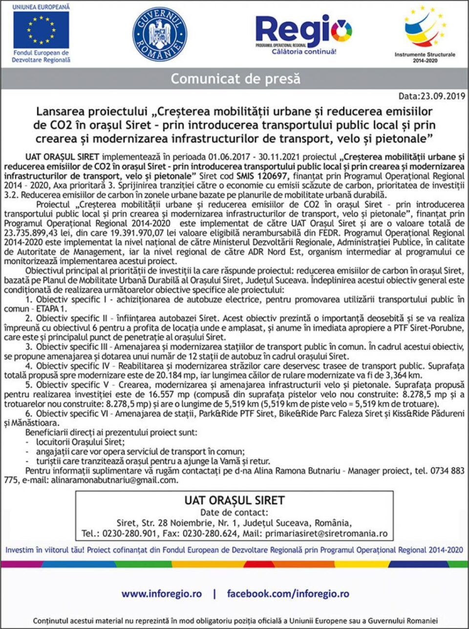 Lansarea proiectului „Creșterea mobilității urbane și reducerea emisiilor de CO2 în orașul Siret – prin introducerea transportului public local și prin crearea și modernizarea infrastructurilor de transport, velo și pietonale”