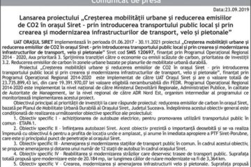 Lansarea proiectului „Creșterea mobilității urbane și reducerea emisiilor de CO2 în orașul Siret – prin introducerea transportului public local și prin crearea și modernizarea infrastructurilor de transport, velo și pietonale”