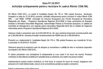 Achiziție echipamente pentru reciclare în cadrul Ritmic COM SRL