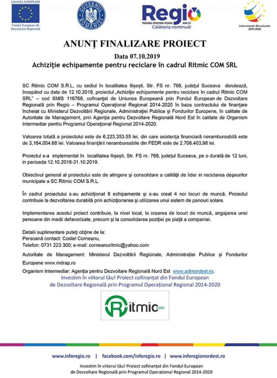 Achiziție echipamente pentru reciclare în cadrul Ritmic COM SRL