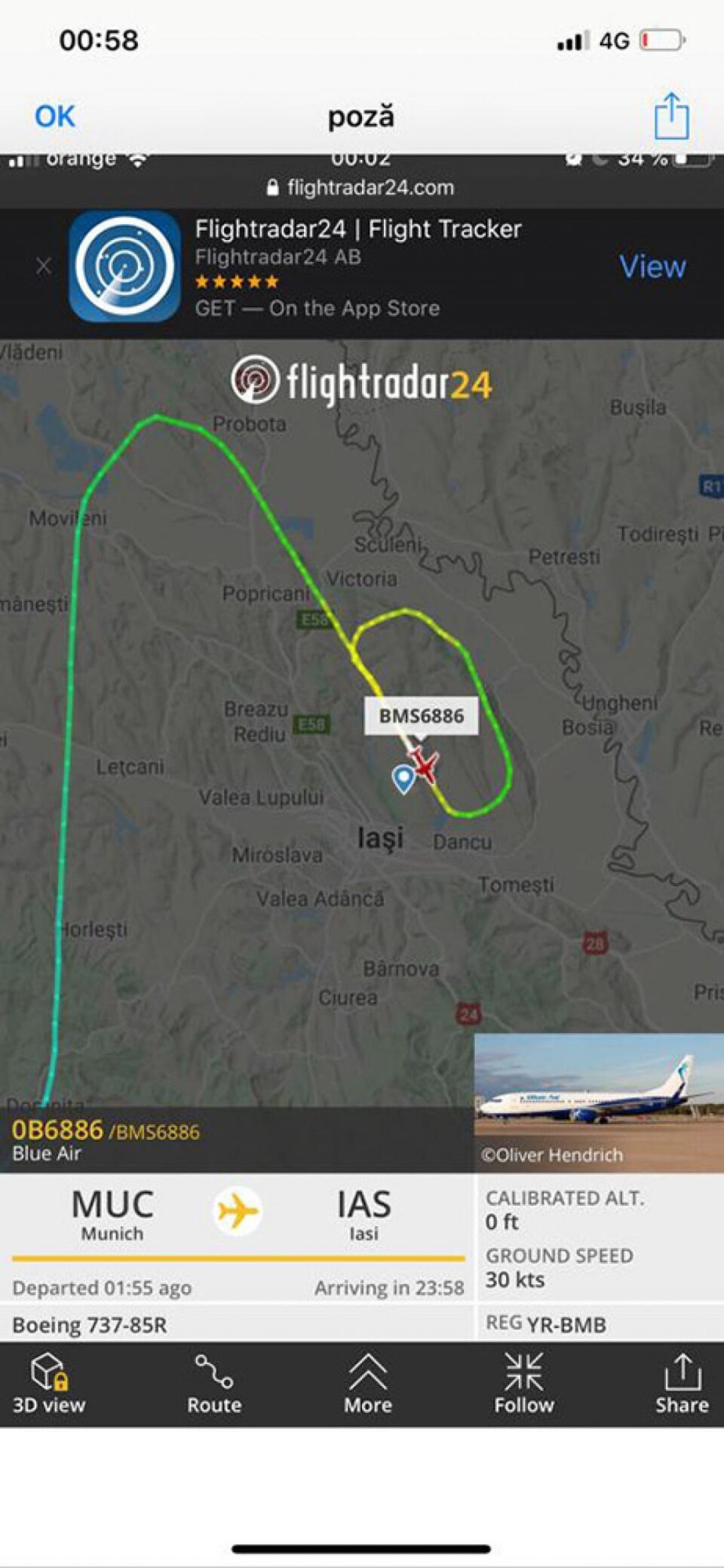 Avionul în care se afla Gheorghe Flutur a făcut o buclă în aer până a ateriza în siguranța pe aeroportul din Iași