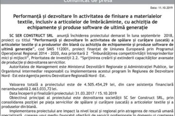 Performanță și dezvoltare în activitatea de finisare a materialelor textile, inclusiv a articolelor de îmbrăcăminte, cu achiziția de echipamente și produse software de ultimă generație
