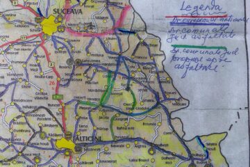 Harta zonei comunelor Udești și Vulturești. Cu verde au fost marcate variantele de drumuri propuse spre modernizare