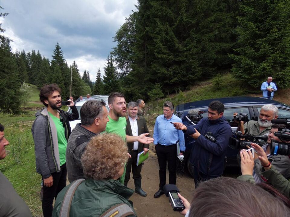 Reprezentanții Greenpeace România și șeful OS Vama, Gelu Puiu, împreună cu unii reclamanți, la locul unde au fost semnalate posibilele ilegalități