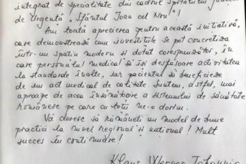 Mesajul scris de președintele României, Klaus Werner Iohannis, în Cartea de Onoare a Spitalului de Urgență „Sfântul Ioan cel Nou”