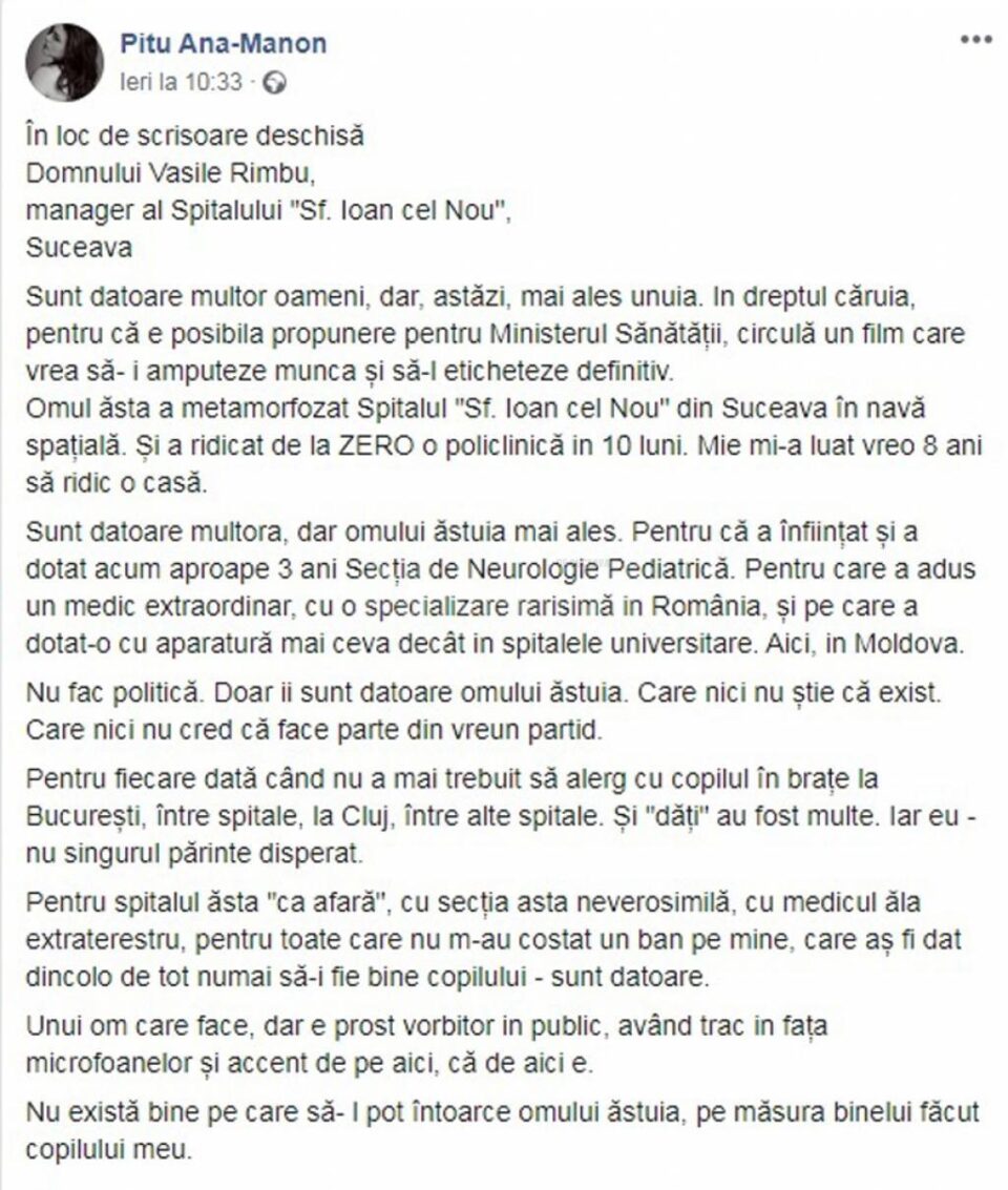 Scrisoare deschisă a scriitoarei Ana Manon Pițu către Rîmbu