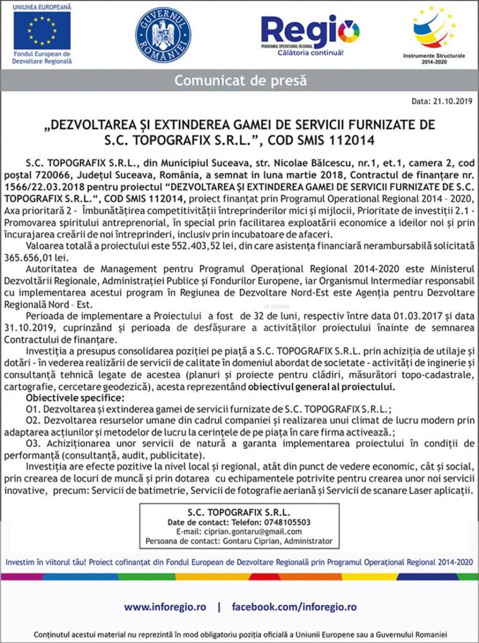 „DEZVOLTAREA ȘI EXTINDEREA GAMEI DE SERVICII FURNIZATE DE S.C. TOPOGRAFIX S.R.L.”, COD SMIS 112014