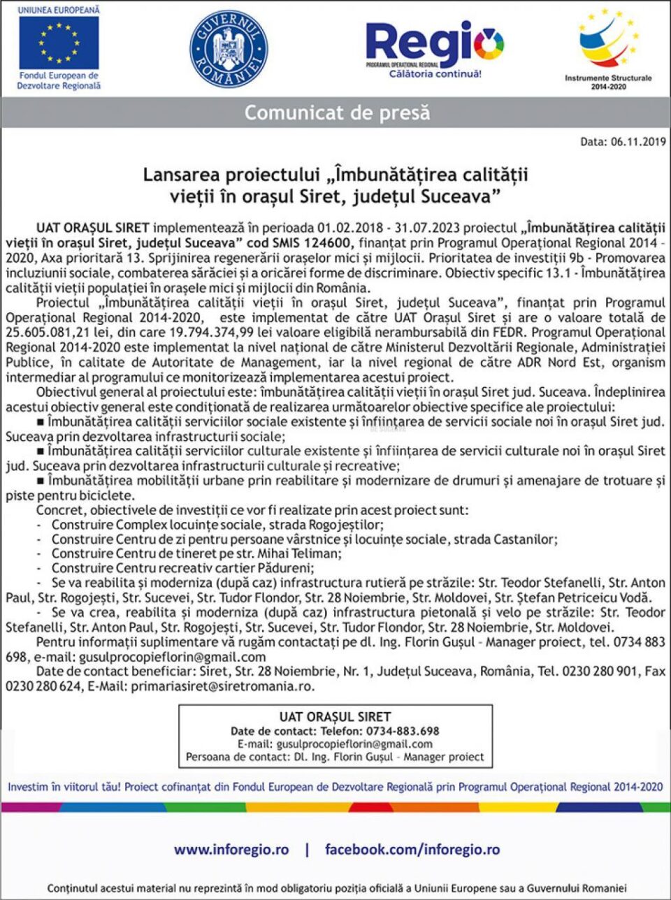 Lansarea proiectului „Îmbunătățirea calității vieții în orașul Siret, județul Suceava”