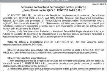Semnarea contractului de finanțare pentru proiectul „Dezvoltarea societății S.C. RENTEST PARK S.R.L.”