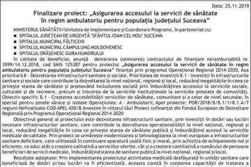 Finalizare proiect: „Asigurarea accesului la servicii de sănătate în regim ambulatoriu pentru populația județului Suceava”