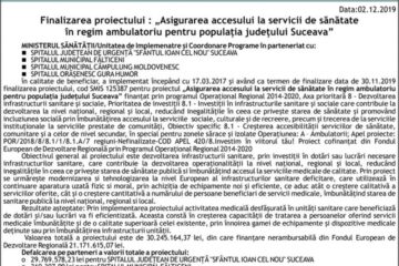 Finalizarea proiectului : „Asigurarea accesului la servicii de sănătate în regim ambulatoriu pentru populația județului Suceava” - Gura Humorului