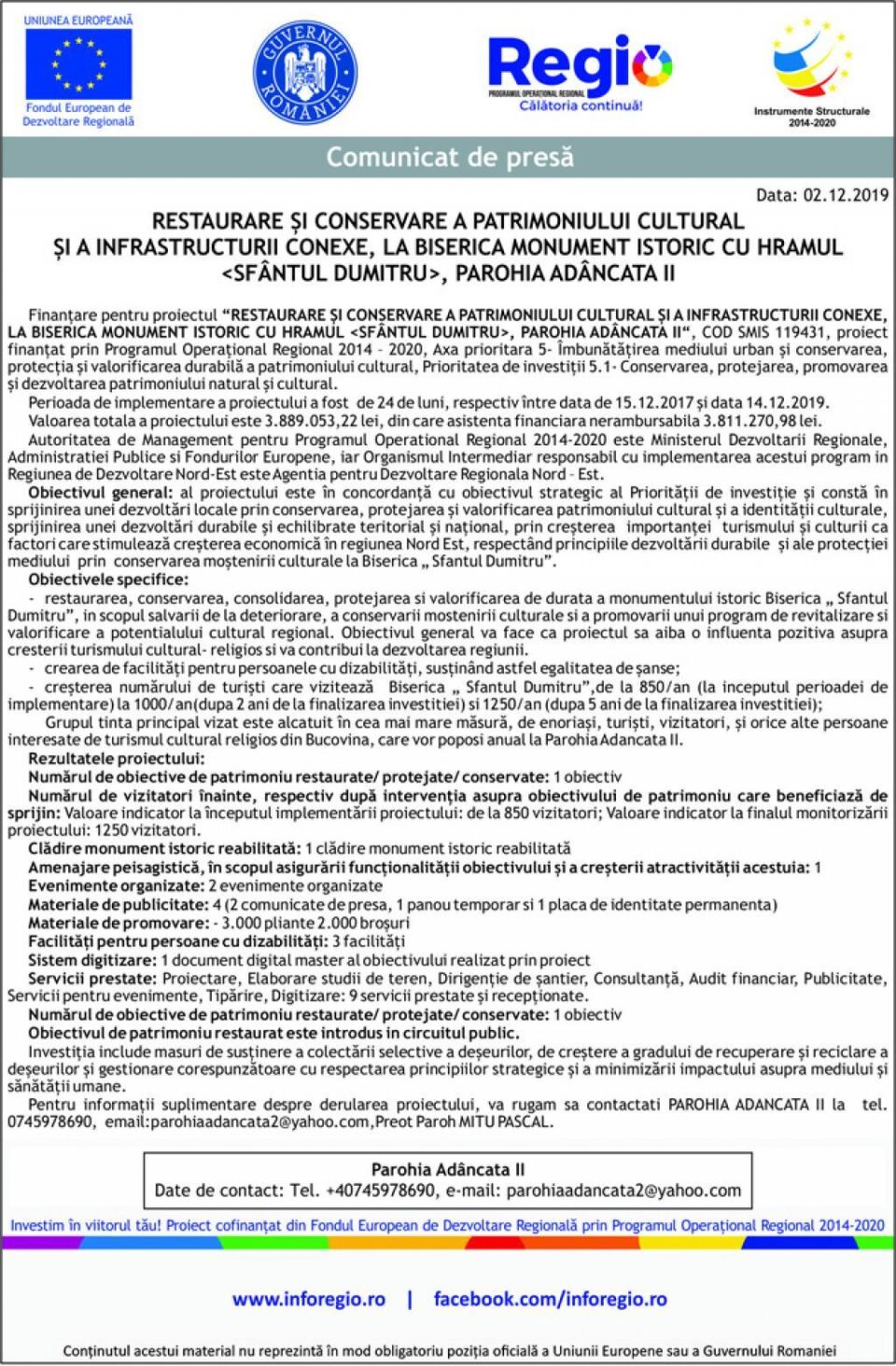 “RESTAURARE ȘI CONSERVARE A PATRIMONIULUI CULTURAL ȘI A INFRASTRUCTURII CONEXE, LA BISERICA MONUMENT ISTORIC CU HRAMUL , PAROHIA ADÂNCATA II“