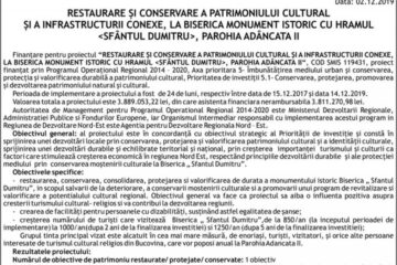 “RESTAURARE ȘI CONSERVARE A PATRIMONIULUI CULTURAL ȘI A INFRASTRUCTURII CONEXE, LA BISERICA MONUMENT ISTORIC CU HRAMUL , PAROHIA ADÂNCATA II“