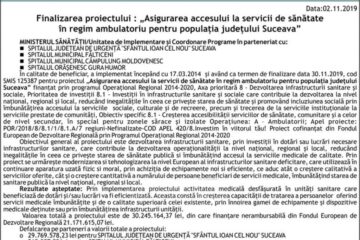 Finalizarea proiectului : „Asigurarea accesului la servicii de sănătate în regim ambulatoriu pentru populația județului Suceava”
