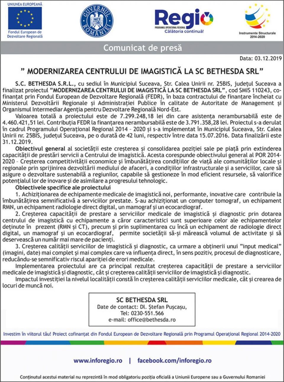 ”MODERNIZAREA CENTRULUI DE IMAGISTICĂ LA SC BETHESDA SRL”