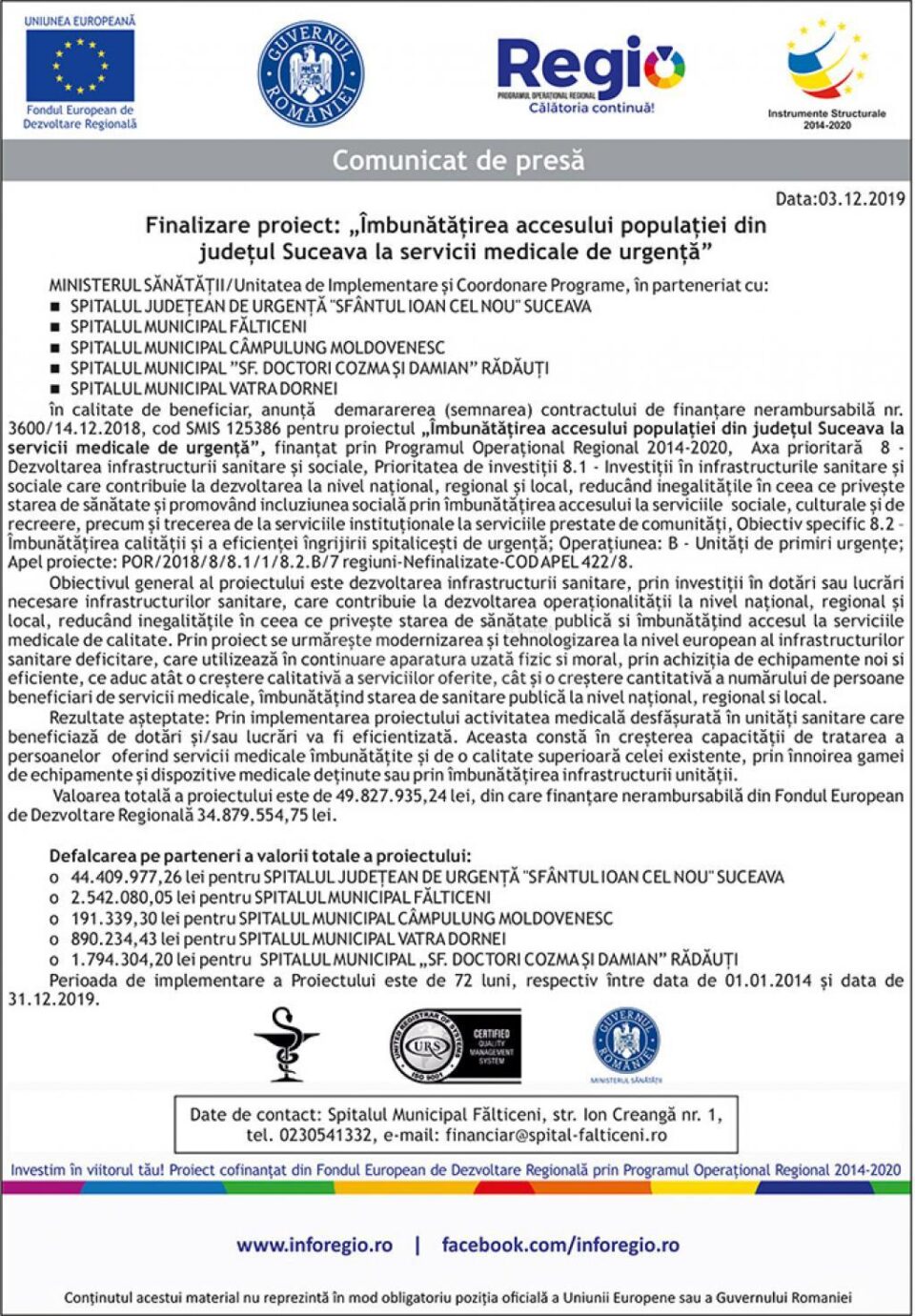 Finalizare proiect: „Îmbunătățirea accesului populației din județul Suceava la servicii medicale de urgență" - FĂLTICENI
