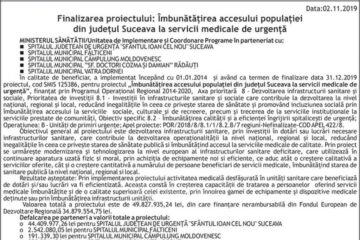 Finalizarea proiectului: Îmbunătățirea accesului populației din județul Suceava la servicii medicale de urgență - VATRA DORNEI