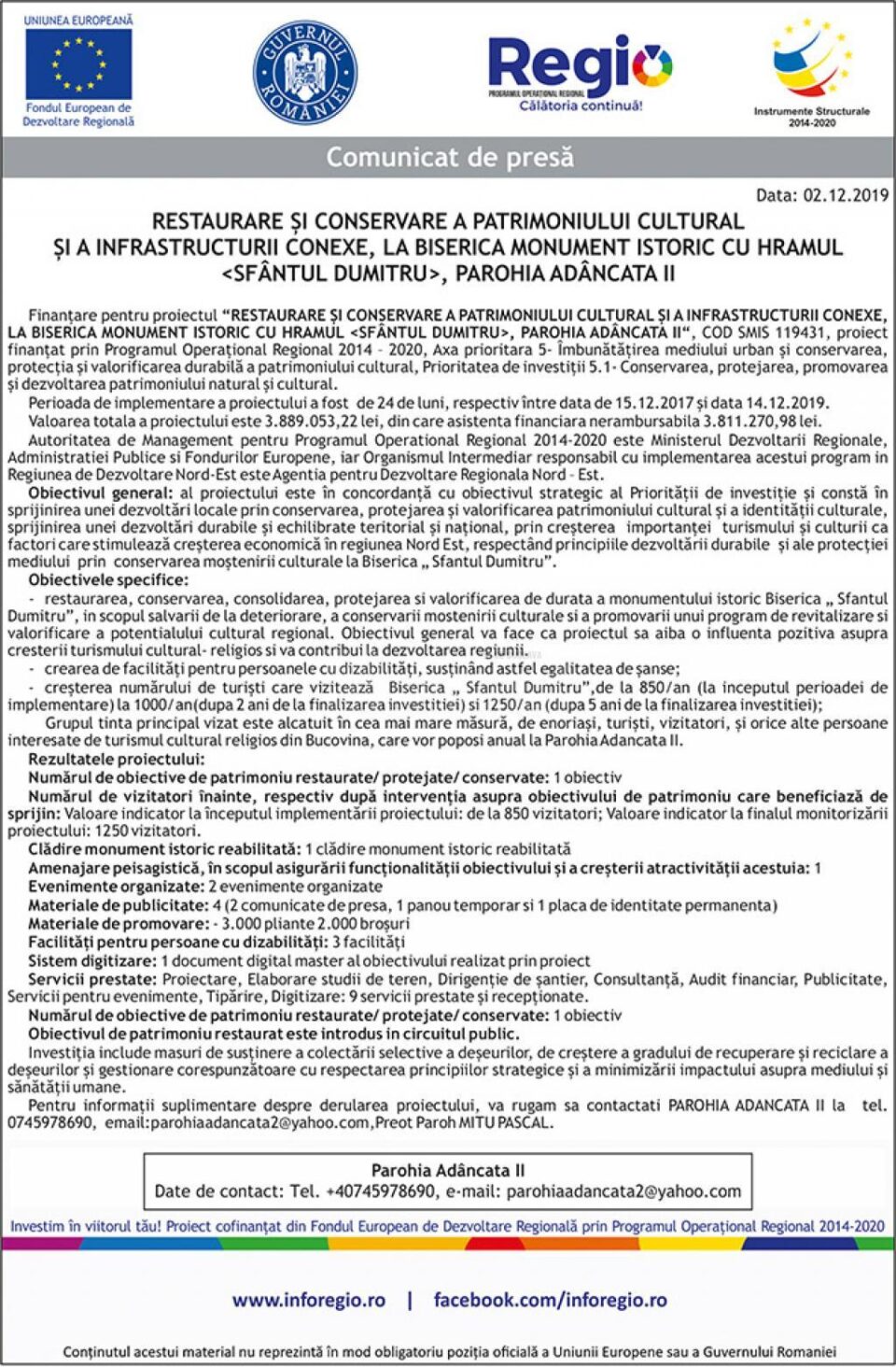 “RESTAURARE ȘI CONSERVARE A PATRIMONIULUI CULTURAL ȘI A INFRASTRUCTURII CONEXE, LA BISERICA MONUMENT ISTORIC CU HRAMUL , PAROHIA ADÂNCATA II“