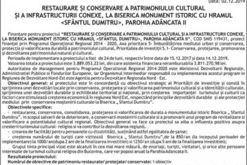“RESTAURARE ȘI CONSERVARE A PATRIMONIULUI CULTURAL ȘI A INFRASTRUCTURII CONEXE, LA BISERICA MONUMENT ISTORIC CU HRAMUL , PAROHIA ADÂNCATA II“