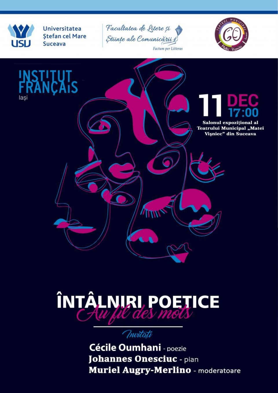 „Au fil des mots. Ȋntâlniri poetice”, miercuri, la Teatrul ”Matei Vișniec”