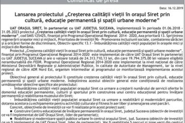 Lansarea proiectului „Creșterea calității vieții în orașul Siret prin cultură, educație permanentă și spații urbane moderne”