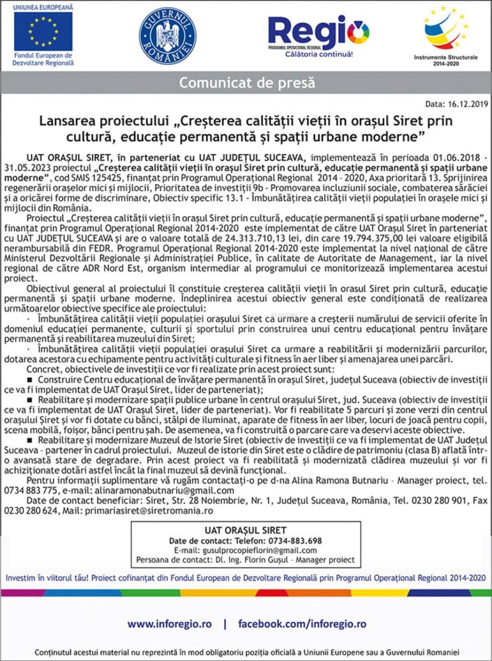 Lansarea proiectului „Creșterea calității vieții în orașul Siret prin cultură, educație permanentă și spații urbane moderne”