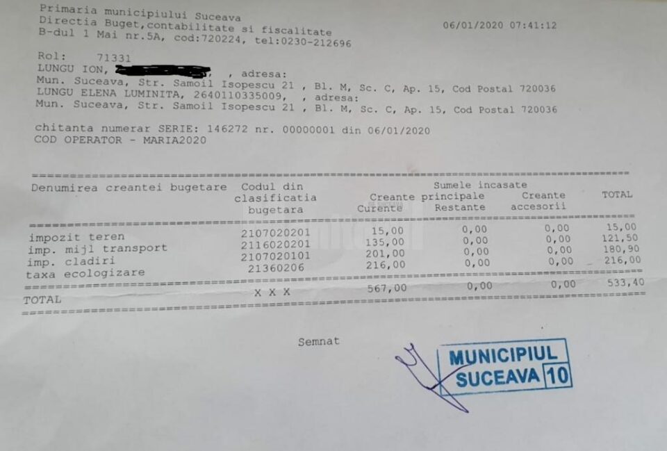 Primarul Ion Lungu a fost primul cetatean care și-a achitat taxele și impozitele pe 2020