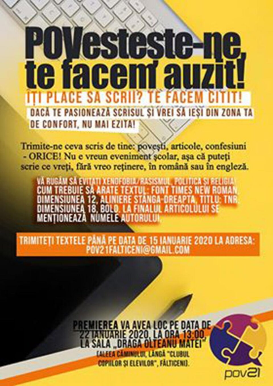 Concursul de scriere liberă pentru tinerii talentați „POVestește-ne, te facem auzit”