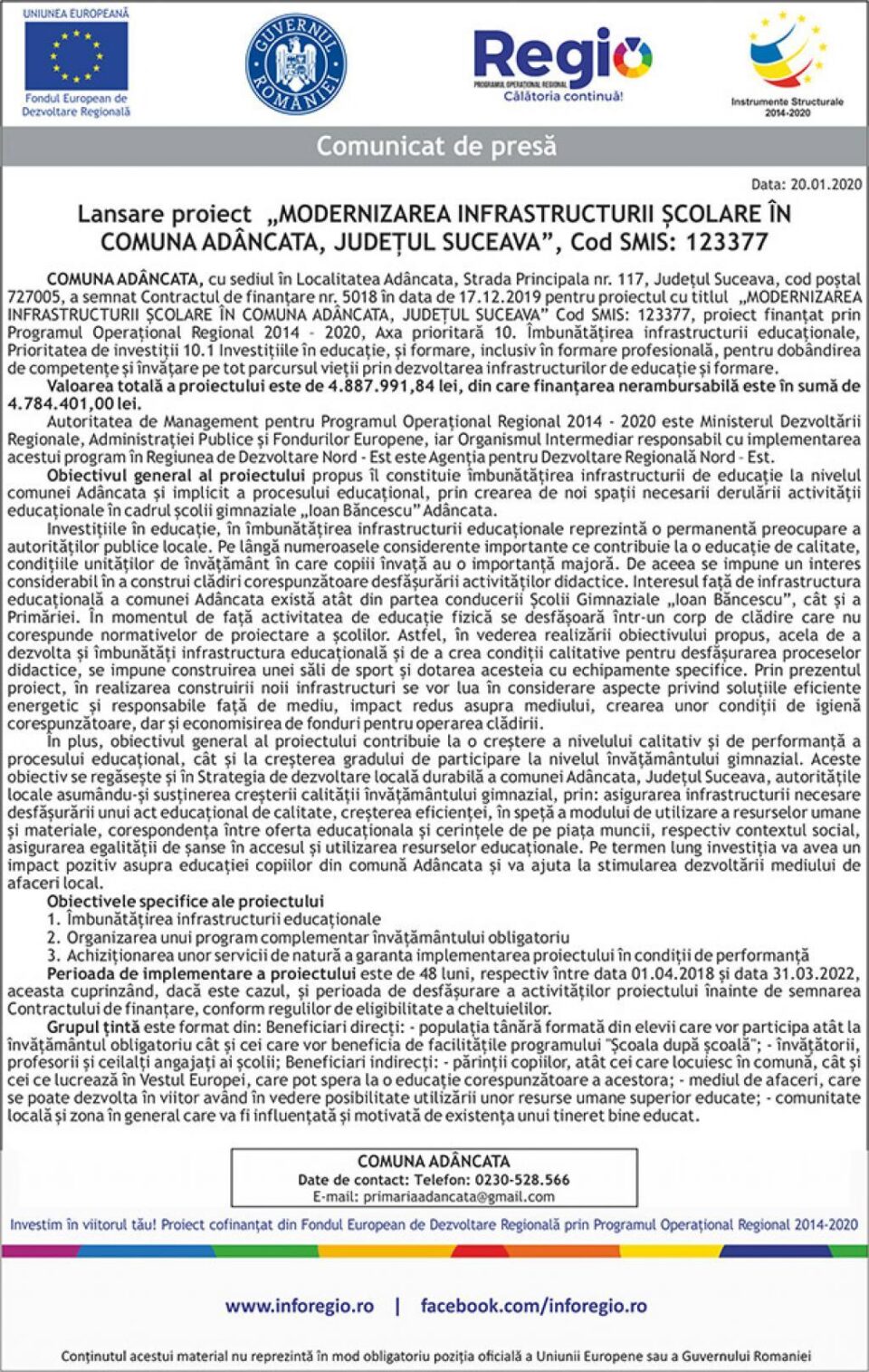 Lansare proiect „MODERNIZAREA INFRASTRUCTURII ȘCOLARE ÎN COMUNA ADÂNCATA, JUDEȚUL SUCEAVA”, Cod SMIS: 123377
