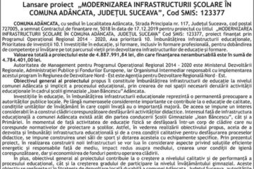 Lansare proiect „MODERNIZAREA INFRASTRUCTURII ȘCOLARE ÎN COMUNA ADÂNCATA, JUDEȚUL SUCEAVA”, Cod SMIS: 123377