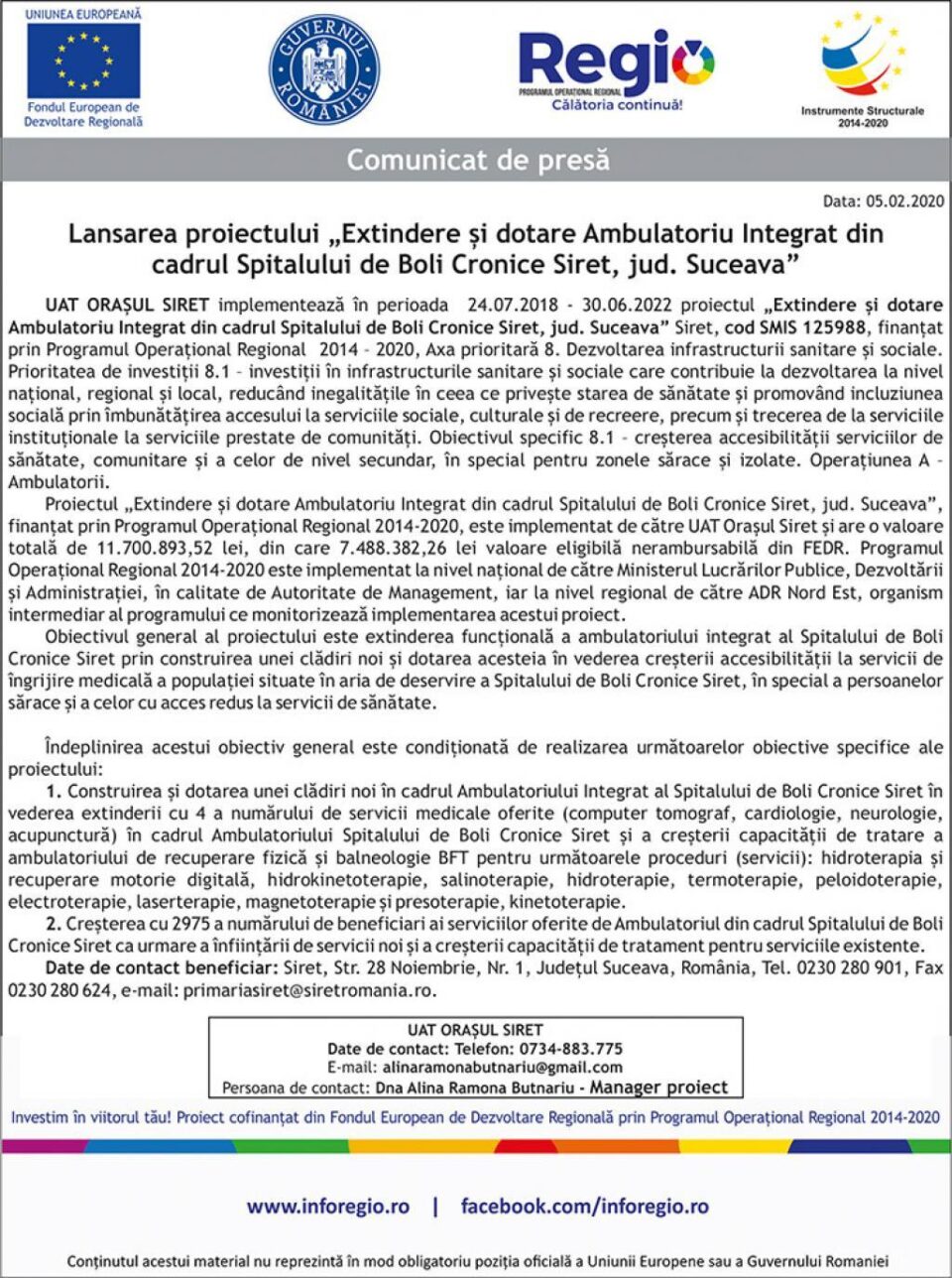 Lansarea proiectului „Extindere și dotare Ambulatoriu Integrat din cadrul Spitalului de Boli Cronice Siret, jud. Suceava”
