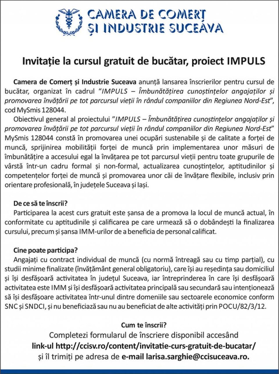 Invitație la cursul gratuit de bucătar, proiect IMPULS