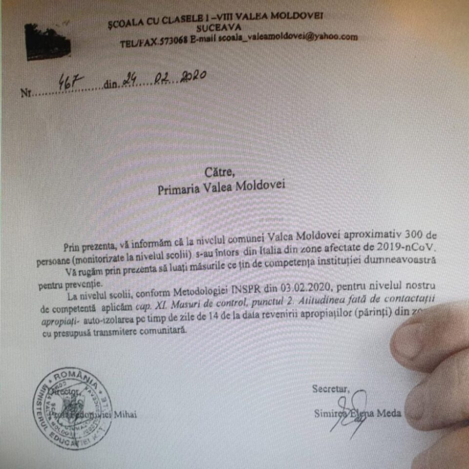 Adresa de la școala din Valea Moldovei către primar, referitoare la romii întorși din Italia