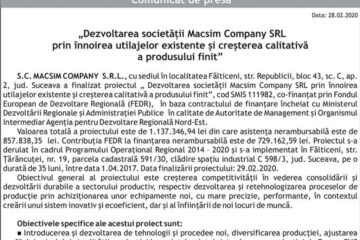 „Dezvoltarea societății Macsim Company SRL prin înnoirea utilajelor existente și creșterea calitativă a produsului finit”