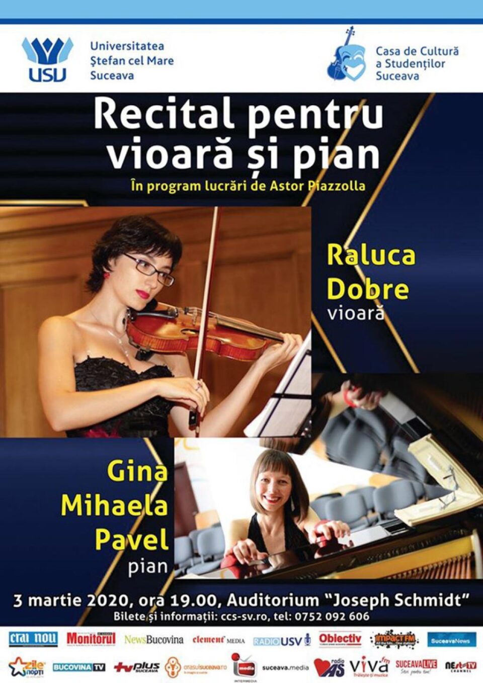 Recital de vioară și pian, cu lucrări de Astor Piazzolla, la Universitate