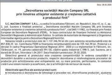 „Dezvoltarea societății Macsim Company SRL prin înnoirea utilajelor existente și creșterea calitativă a produsului finit”