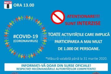 Manifestările publice sau private cu peste 1.000 de participanți sunt interzise, în perioada 8 -31 martie