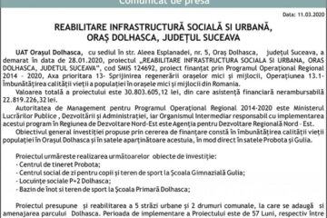 REABILITARE INFRASTRUCTURĂ SOCIALĂ SI URBANĂ, ORAȘ DOLHASCA, JUDEȚUL SUCEAVA