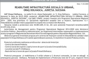 REABILITARE INFRASTRUCTURĂ SOCIALĂ SI URBANĂ, ORAȘ DOLHASCA, JUDEȚUL SUCEAVA