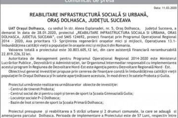 REABILITARE INFRASTRUCTURĂ SOCIALĂ SI URBANĂ, ORAȘ DOLHASCA, JUDEȚUL SUCEAVA