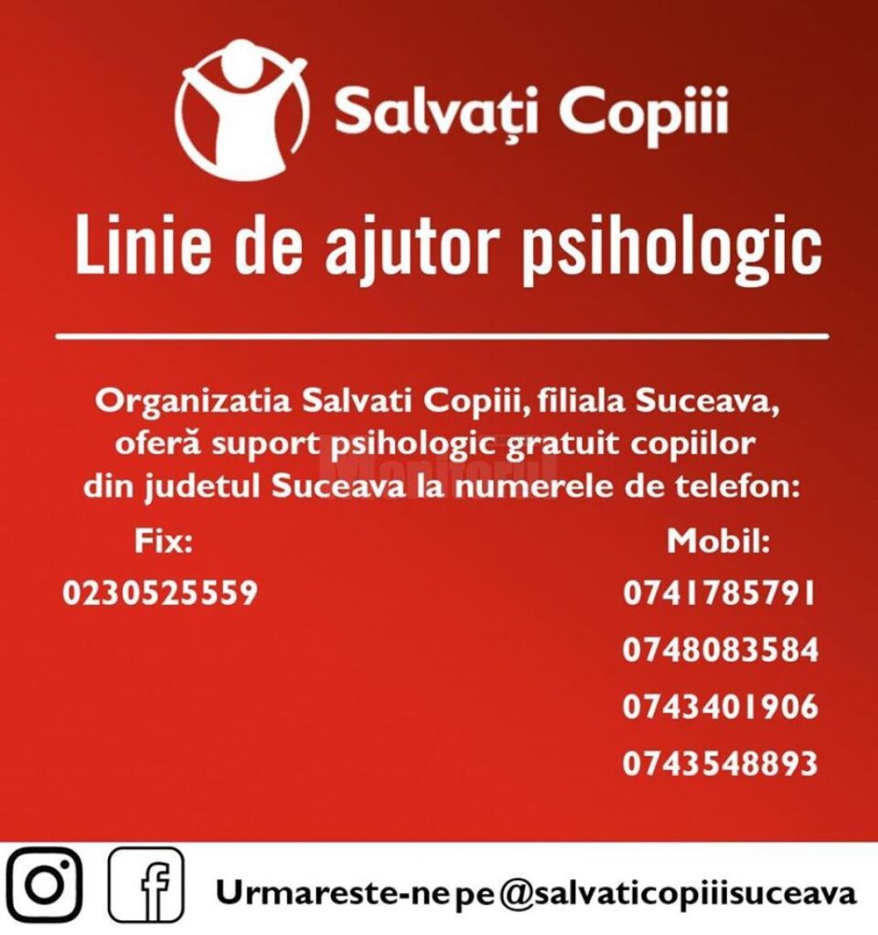Suport psiho-emoțional și social gratuit, oferit de echipa Salvați Copiii - Filiala Suceava, pentru copiii și părinții afectați de noua pandemie