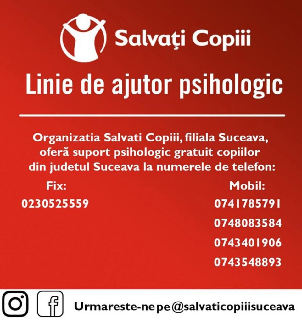Suport psiho-emoțional și social gratuit, oferit de echipa Salvați Copiii - Filiala Suceava, pentru copiii și părinții afectați de noua pandemie Suport psiho-emoțional și social gratuit, oferit de echipa Salvați Copiii - Filiala Suceava, pentru copiii și părinții afectați de noua pandemie