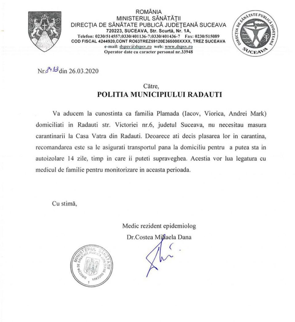 Omul de afaceri Iacov Plămadă trimis la autoizolare de DSP dintr-un centru de carantină din Rădăuți unde fusese dus forțat cu toată familia