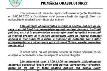 De astăzi, în Siret, purtarea măștii de protecție a devenit obligatorie