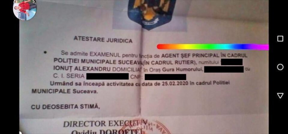 Adeverința de polițist falsă