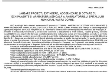LANSARE PROIECT: EXTINDERE, MODERNIZARE ȘI DOTARE CU ECHIPAMENTE ȘI APARATURĂ MEDICALĂ A AMBULATORIULUI SPITALULUI MUNICIPAL VATRA DORNEI